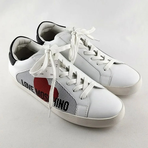 Love Moschino Women's White Black Leather Low Top Sneakers Logo Heart Sz 10/ 41 - Picture 4 of 16